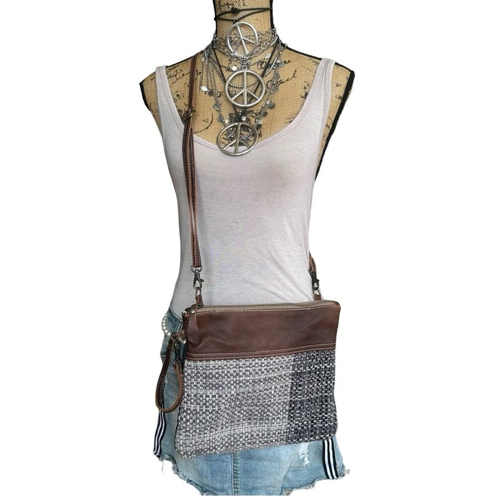 Myra Bag crossbody bag Brown leather and Gray weaved cotton fabric - EUC